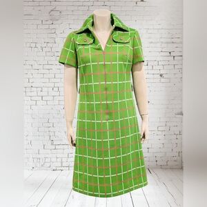 HENRY LEE Vtg 60s 70s Green Pink Mod Checkered Shift Dress M/L